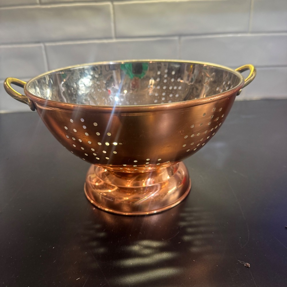 Vintage Copper Colander Pedestal Strainer Brass Handles 9 Inch Copper Gold
